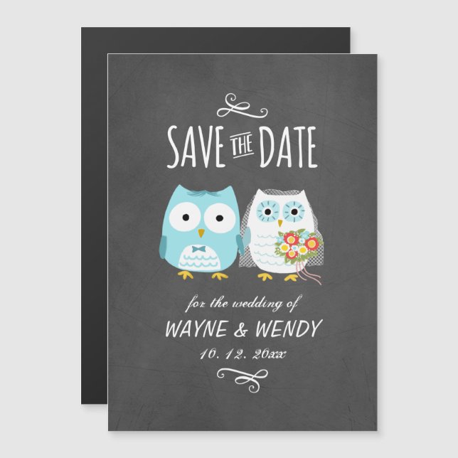 Cute Owls Wedding Chalkboard Style Save the Date Magnetic Invitation (Front/Back)