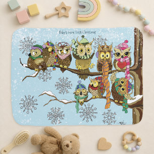 Cute Owls Winter Snowflakes Blue Playful Baby Blanket