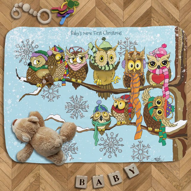 Cute Owls Winter Snowflakes Blue Playful Baby Blanket (Creator Uploaded)