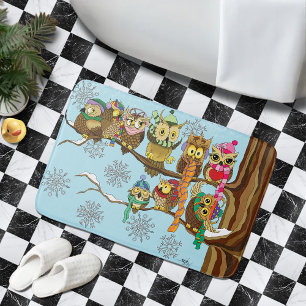 Cute Owls Winter Snowflakes Blue Playful Bathroom Mat