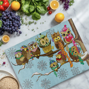 Cute Owls Winter Snowflakes Blue Playful Cutting Board