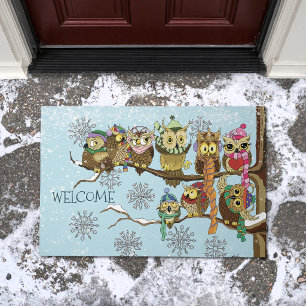 Cute Owls Winter Snowflakes Blue Playful Doormat