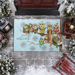 Cute Owls Winter Snowflakes Blue Playful Doormat