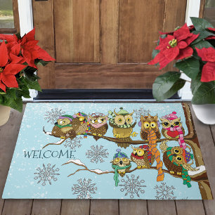 Cute Owls Winter Snowflakes Blue Playful Doormat