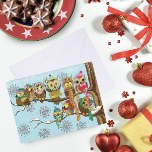 Cute Owls Winter Snowflakes Blue Playful Holiday Card
