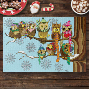 Cute Owls Winter Snowflakes Blue Playful Jigsaw Puzzle