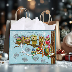 Cute Owls Winter Snowflakes Blue Playful Large Gift Bag