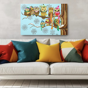 Cute Owls Winter Snowflakes Blue Playful Metal Print