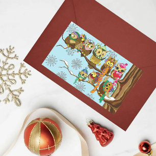 Cute Owls Winter Snowflakes Blue Playful Rectangular Sticker