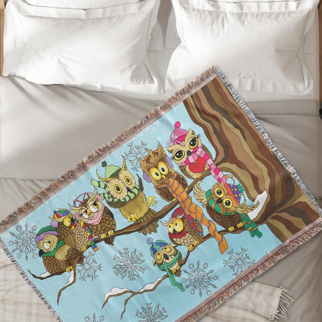 Cute Owls Winter Snowflakes Blue Playful Throw Blanket (Creator Uploaded)