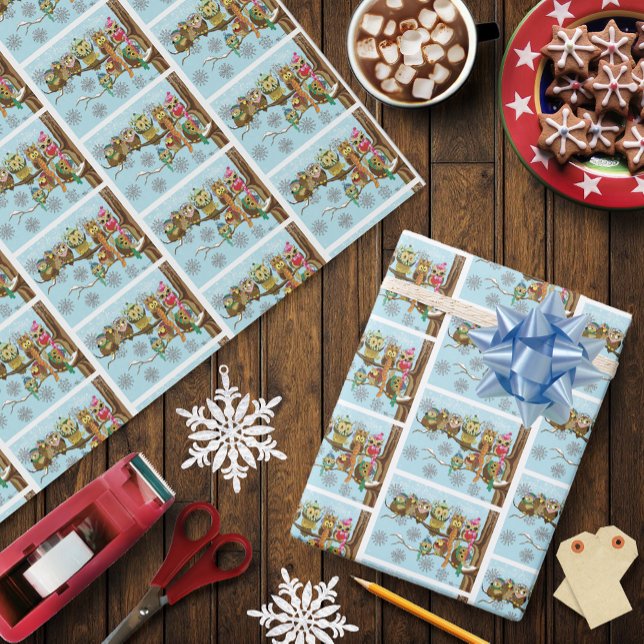 Cute Owls Winter Snowflakes Blue Playful Wrapping Paper (Creator Uploaded)