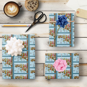 Cute Owls Winter Snowflakes Blue Playful Wrapping Paper Sheets