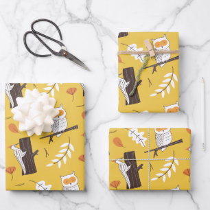 Cute Owls & Woodpeckers Mustard Yellow Forest Wrapping Paper Sheets