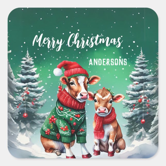 Cute OX bull Cow Santa Christmas birthday party Square Sticker (Front)