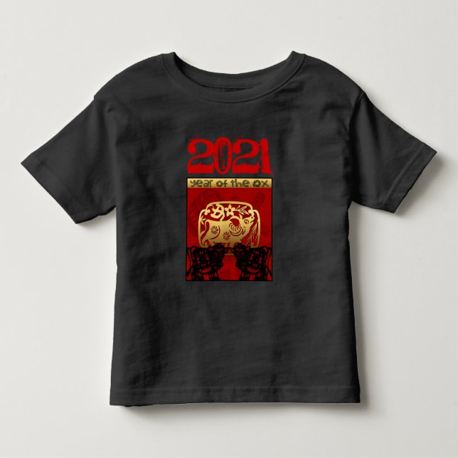 Cute Ox Chinese Year 2021 Zodiac Toddler Black Tee (Front)