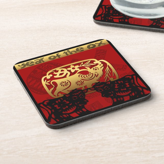 Cute Ox Chinese Year Zodiac Birthday HPC Beverage Coaster (Left Side)