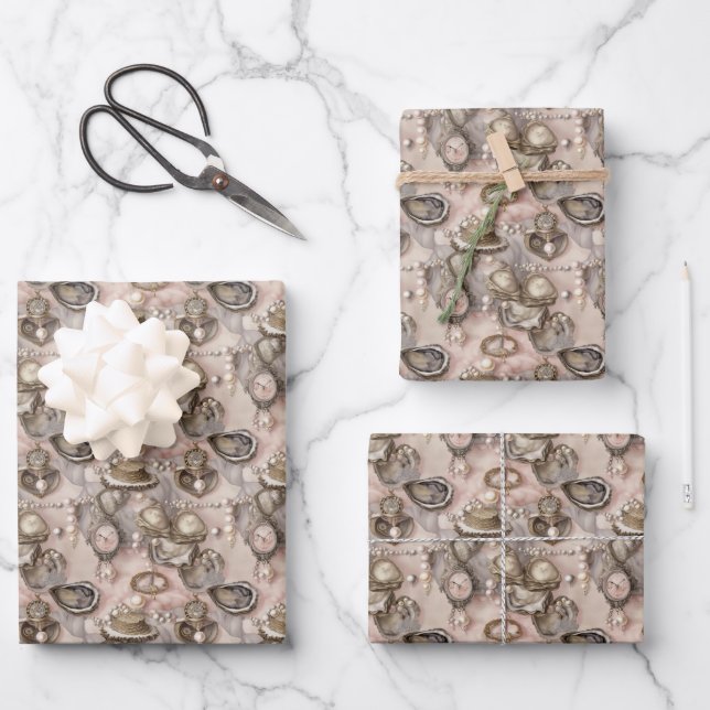 cute oyster shells pearls tiled  wrapping paper sheets (Front)