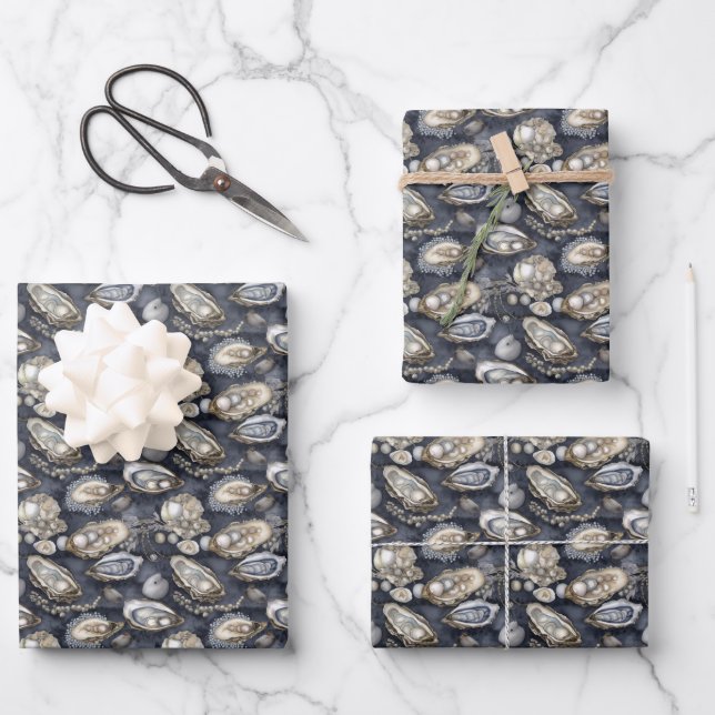 cute oysters and pearls tiled pattern  wrapping paper sheets (Front)