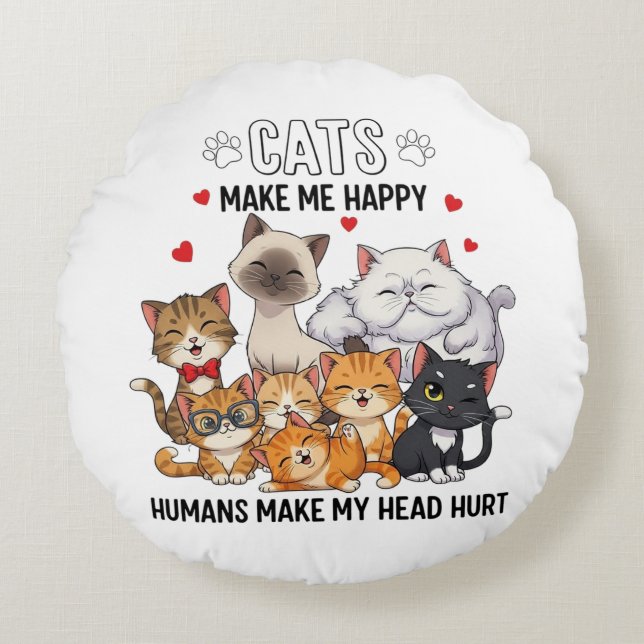 Cute Pack of Happy Cats Round Pillow (Front)