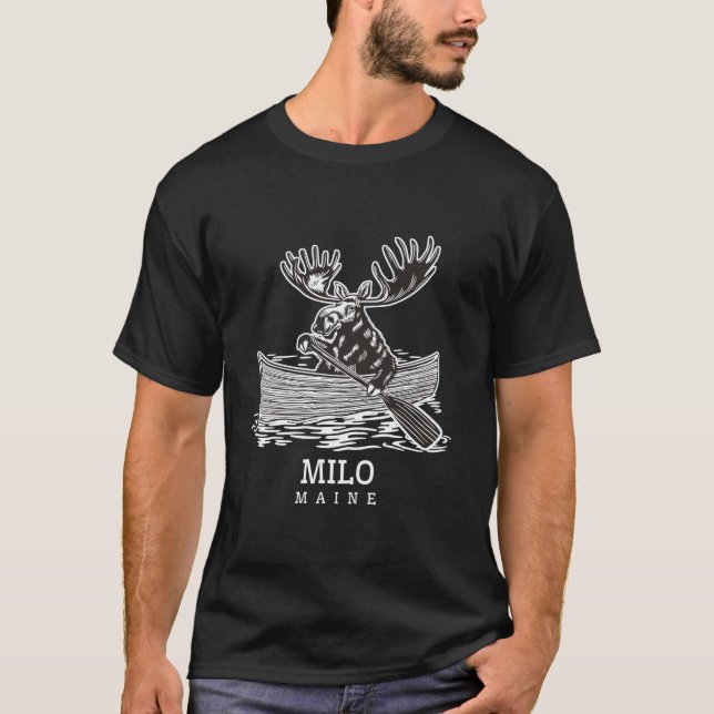 Cute Paddling Moose in Milo Maine Canoe ME Souveni T-Shirt (Front)
