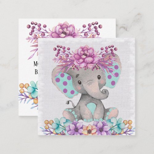 Cute Paint Cute Elephant and Florals Baby Registry Square Business Card