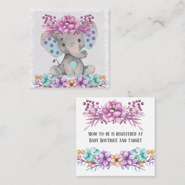 Cute Paint Cute Elephant and Florals Baby Registry Square Business Card (Front/Back)