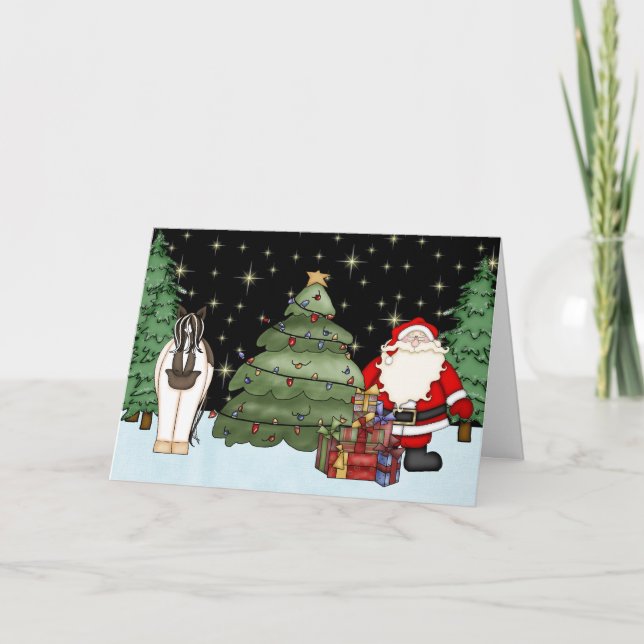 Cute Paint Horse and Santa Clause Christmas Holiday Card (Front)