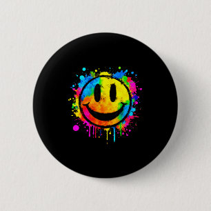 Cute Paint Splash Happy Smile Face 70s Tie Dye Smi Button