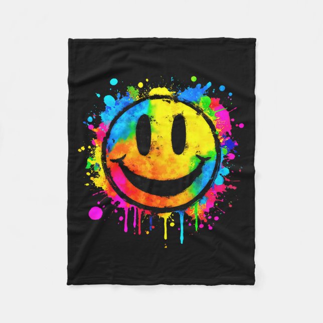 Cute Paint Splash Happy Smile Face 70s Tie Dye Smi Fleece Blanket (Front)