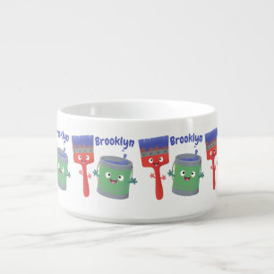 Cute paintbrush and paint cartoon characters bowl