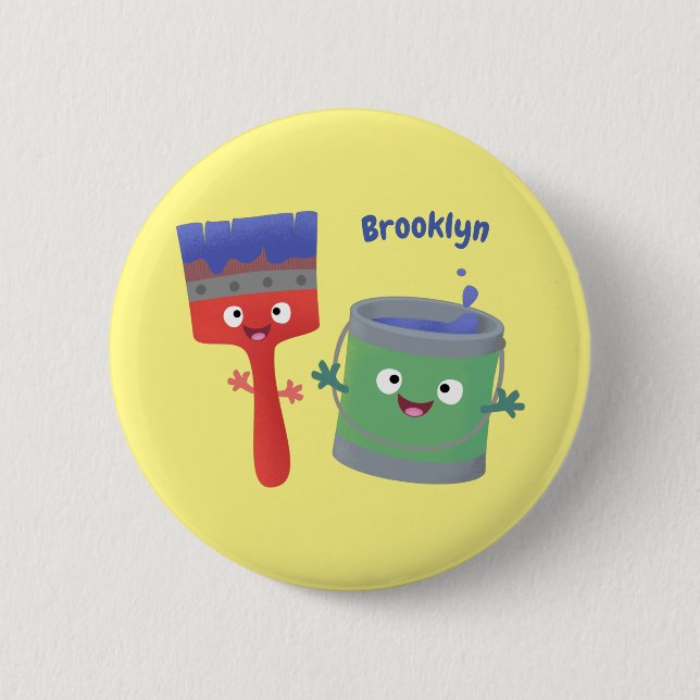 Cute paintbrush and paint cartoon characters button (Front)