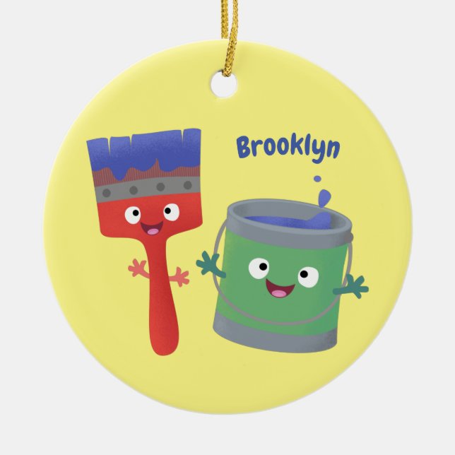 Cute paintbrush and paint cartoon characters ceramic ornament (Front)
