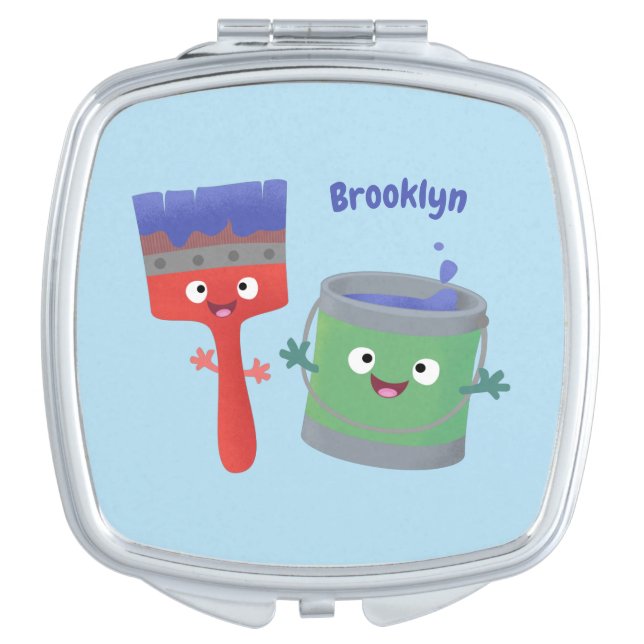 Cute paintbrush and paint cartoon characters compact mirror (Front)