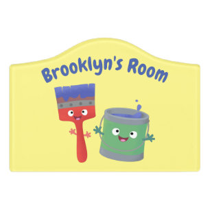 Cute paintbrush and paint cartoon characters door sign