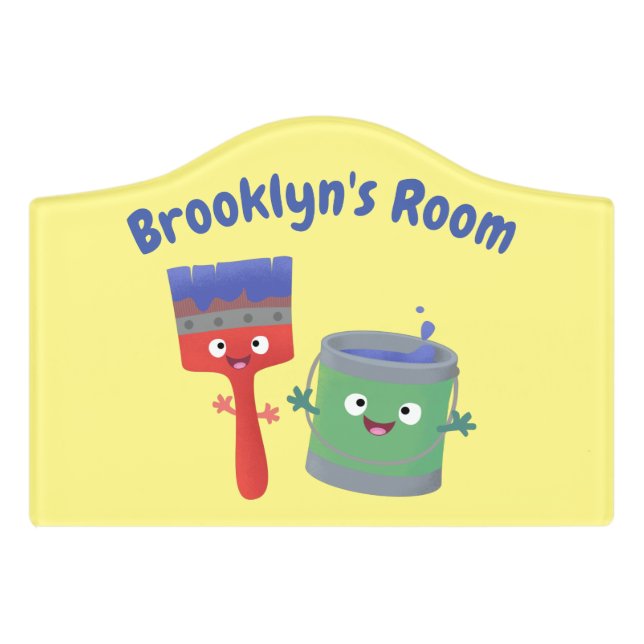 Cute paintbrush and paint cartoon characters door sign (Small Crest Front)