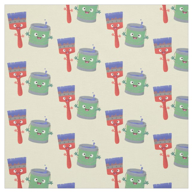 Cute paintbrush and paint cartoon characters fabric (Swatch)