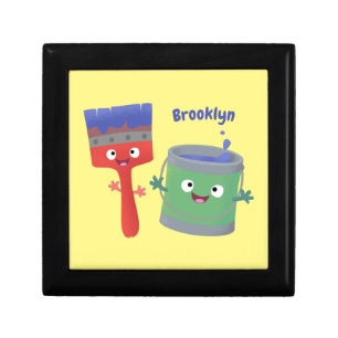 Cute paintbrush and paint cartoon characters gift box