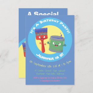 Cute paintbrush and paint cartoon characters invit invitation