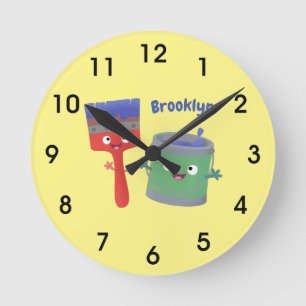 Cute paintbrush and paint cartoon characters round clock
