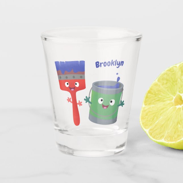Cute paintbrush and paint cartoon characters shot glass (Front)