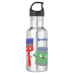 Cute paintbrush and paint cartoon characters stainless steel water bottle