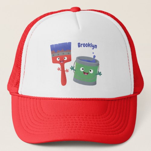 Cute paintbrush and paint cartoon characters trucker hat