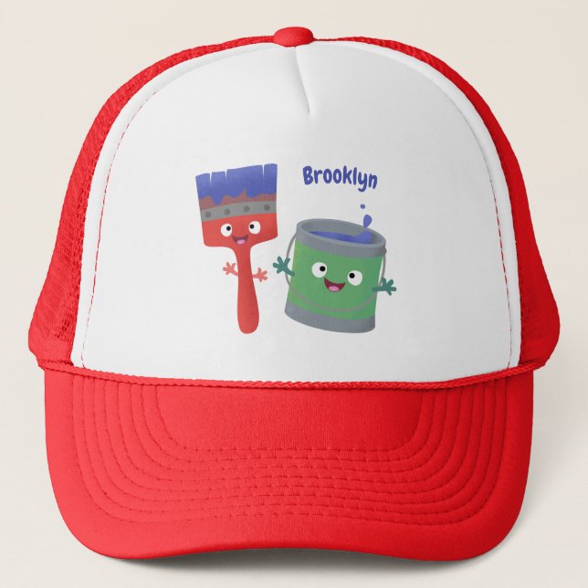 Cute paintbrush and paint cartoon characters trucker hat (Front)