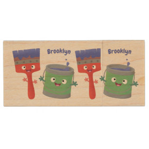 Cute paintbrush and paint cartoon characters wood flash drive