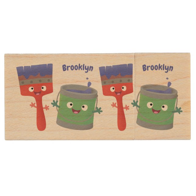 Cute paintbrush and paint cartoon characters wood flash drive (Front)