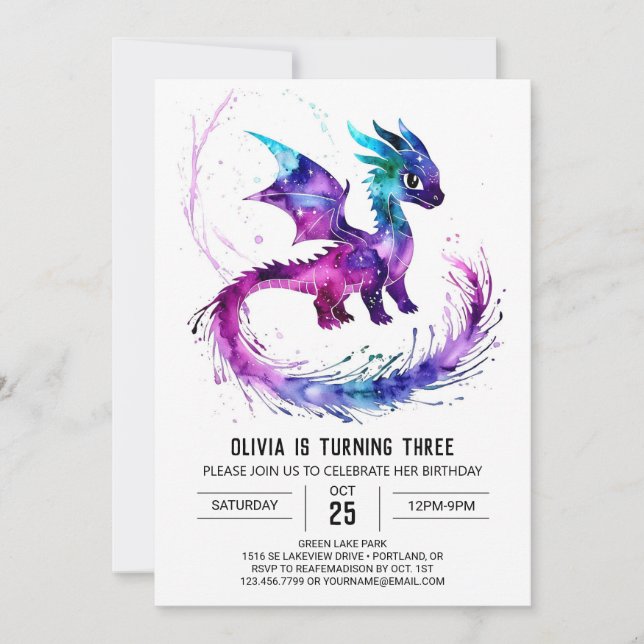 Cute Painted Dragon Digital Girl Birthday Invitation (Front)