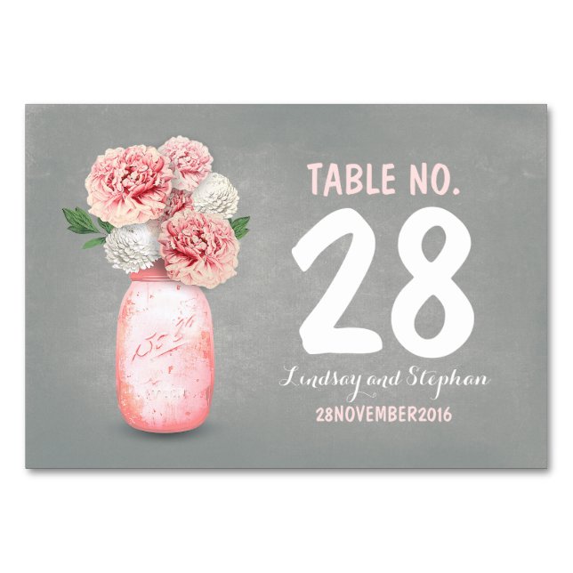 Cute painted mason jar pink flowers table cards (Front)