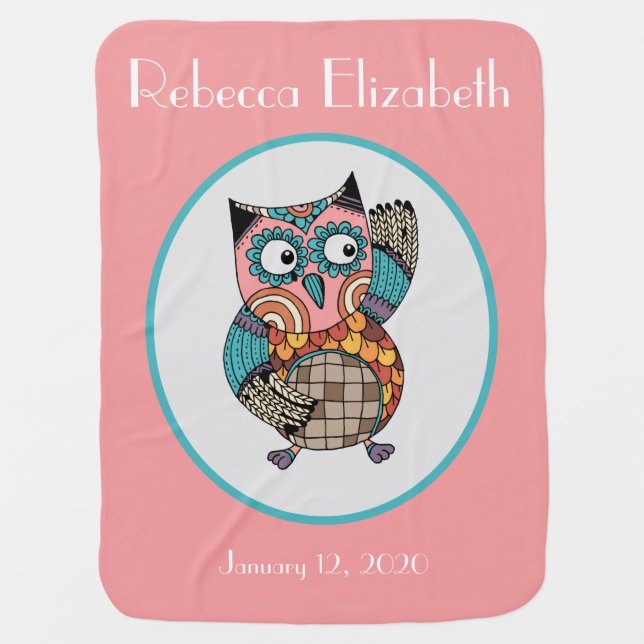 Cute Painted Owl, Personalized Baby Blanket (Front)