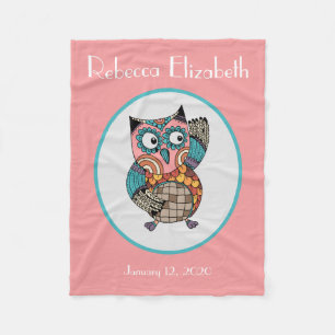 Cute painted owl, personalized fleece blanket