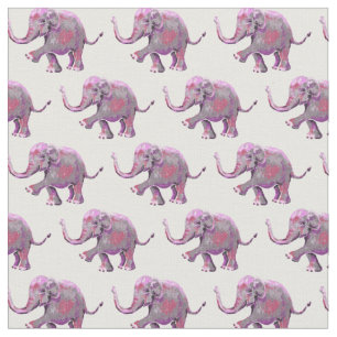 Cute Painted Pink Baby Elephant Pattern on White Fabric